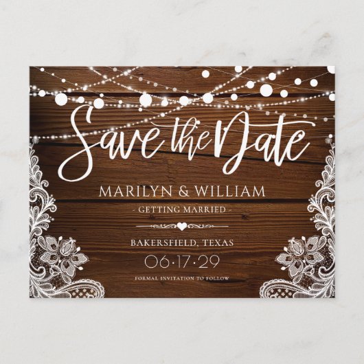 Carte Postale Faire-part Guirlande de lumières en bois rustique Mariage Enr (Devant)