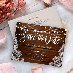 Carte Postale Faire-part Guirlande de lumières en bois rustique Mariage Enr
