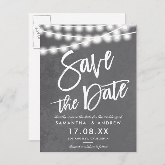 Carte Postale Faire-part Guirlande lumineuse ciment gris industriel enregis (Devant / Derrière)