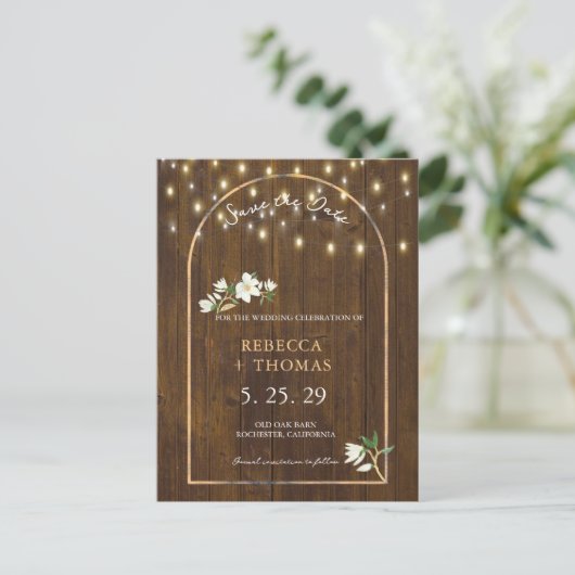 Carte Postale Faire-part Guirlande Lumineuse Dorée en Arches Rustiques Magn (Debout devant)