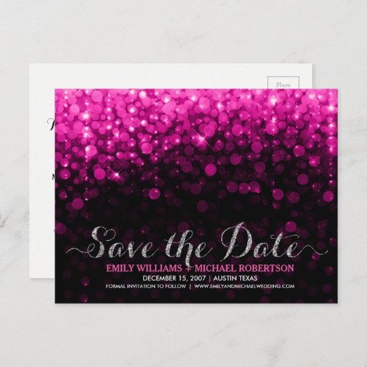 Carte Postale Faire-part Guirlande lumineuse élégante rose bokeh save the d (Devant / Derrière)