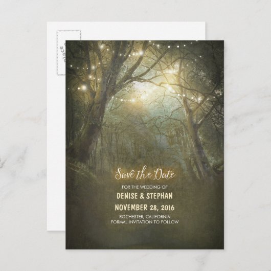 Carte Postale Faire-part Guirlandes lumineuses de forêt rustique pour annon (Devant / Derrière)