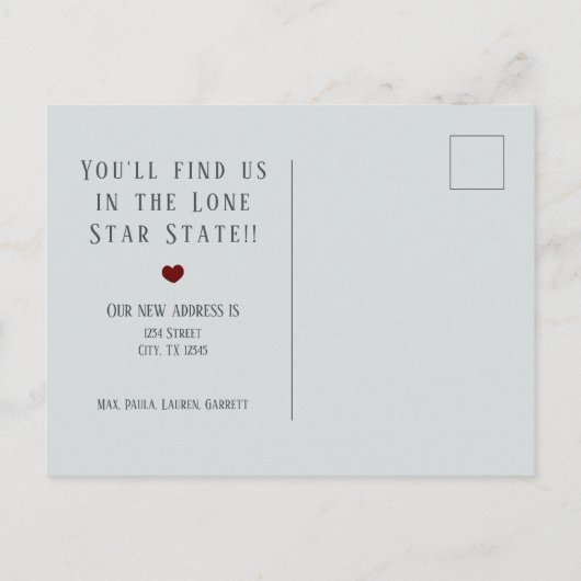 Carte Postale Faire-part Gulf Coast Blue Linen et Heart Texas Moving (Dos)