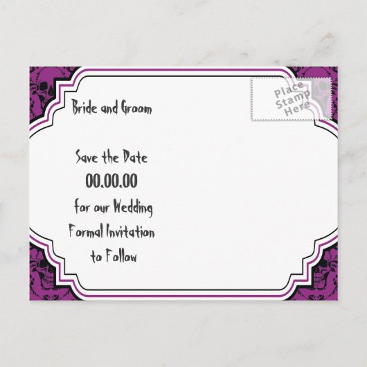 Carte Postale Faire-part Halloween crâne damassé violet gothique Enregistre (Dos)