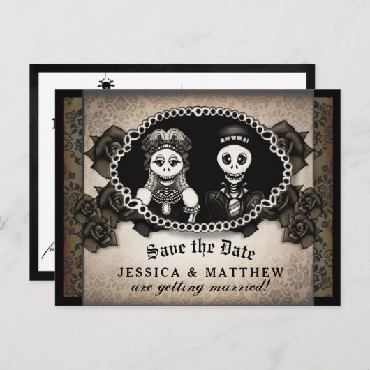 Carte Postale Faire-part Halloween Mariage Brown Skeletons antiques (Devant / Derrière)