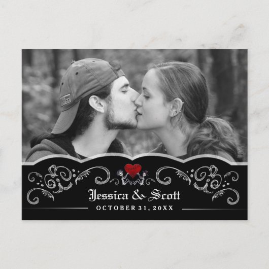 Carte Postale Faire-part Halloween Mariage Skeletons Heart Photo Date de sa (Devant)