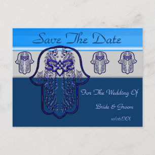 Carte Postale Faire-part Hamsa Hand feat : Coeur (Mariage) (Bleu)