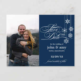 Carte Postale Faire-part Hanging Snowflakes Photo Save The Date (Navy)