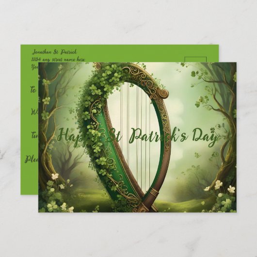 Carte Postale Faire-part Harpe celtique personnalisable de la Saint-Patrick (Devant / Derrière)
