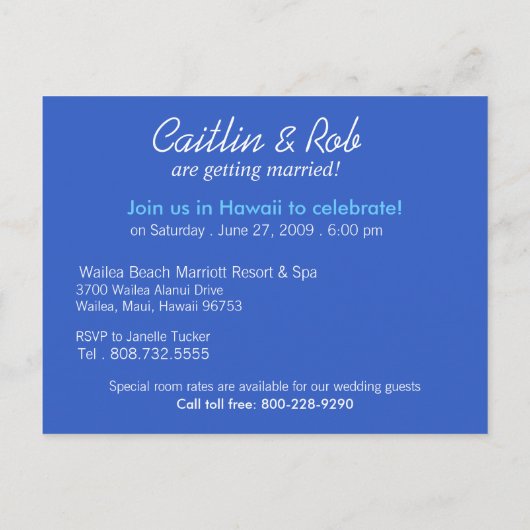 Carte Postale Faire-part Hawaii Enregistrer la date (bleu ciel) (Dos)