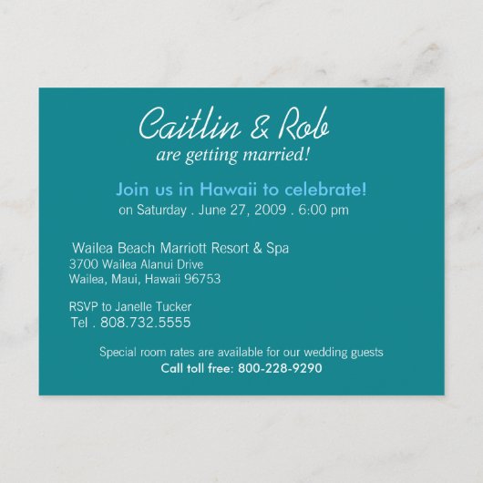 Carte Postale Faire-part Hawaii Sauvegarder la date (océan aqua) (Dos)