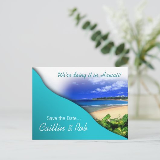 Carte Postale Faire-part Hawaii Sauvegarder la date (océan aqua) (Debout devant)