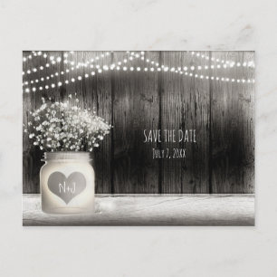 Carte Postale Faire-part Heart Mason Jar & Baby's Breath Rustic Save Date