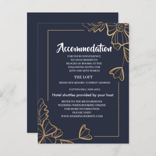 Carte Postale Faire-part Hébergement floral navy et or (Devant / Derrière)