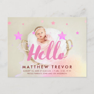 Carte Postale Faire-part Hello Pink Script Dreamy Baby Birth Photo