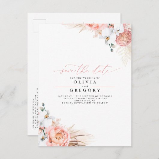 Carte Postale Faire-part Herbe des Pampas Fleur Rose Save the Date (Devant / Derrière)