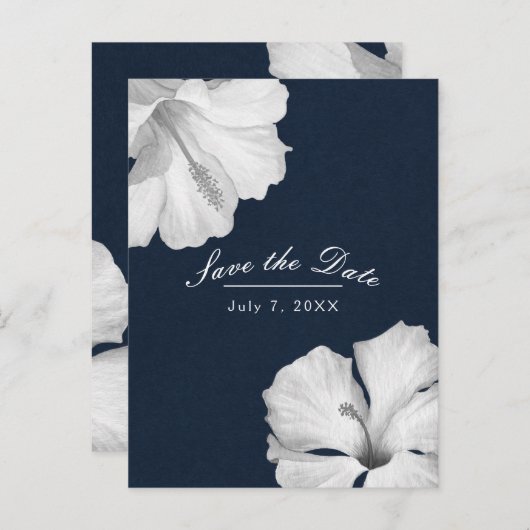 Carte Postale Faire-part Hibiscus blanc bleu tropical Enregistrer la date (Devant / Derrière)