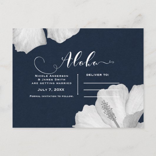 Carte Postale Faire-part Hibiscus blanc bleu tropical Enregistrer la date (Dos)