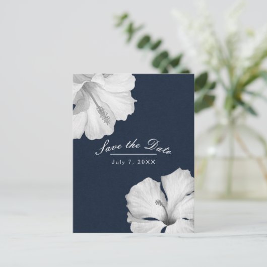 Carte Postale Faire-part Hibiscus blanc bleu tropical Enregistrer la date (Debout devant)