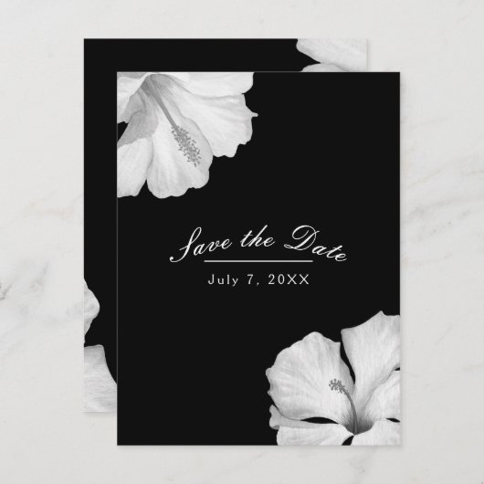 Carte Postale Faire-part Hibiscus blanc chic tropical noir Enregistrer la d (Devant / Derrière)