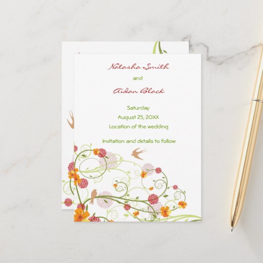 Carte Postale Faire-part Hibiscus Jaune & Hirondelles Florales Enregistrer  (Devant/Arrière en situation)