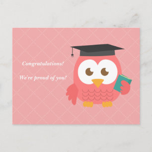 Carte Postale Faire-part Hibou rose mignon pour l'obtention du diplôme