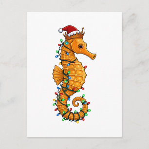 Carte Postale Faire-part Hippocampe Festif Portant un Chapeau de Père Noël 