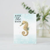 Carte Postale Faire-part Hippocampe sarcelle et or aquarelle Enregistrez la (Debout devant)