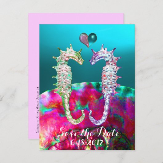 Carte Postale Faire-part HIPPOCAMPES AMOUREUX, NACRE ROSE BLEU, Save the Da (Devant / Derrière)