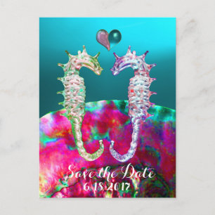 Carte Postale Faire-part HIPPOCAMPES AMOUREUX, NACRE ROSE BLEU, Save the Da