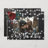 Carte Postale Faire-part Hiver grange rustique bois photo enregistrer date  (Devant / Derrière)