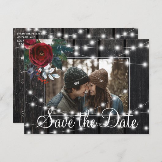 Carte Postale Faire-part Hiver grange rustique bois photo enregistrer date (Devant / Derrière)