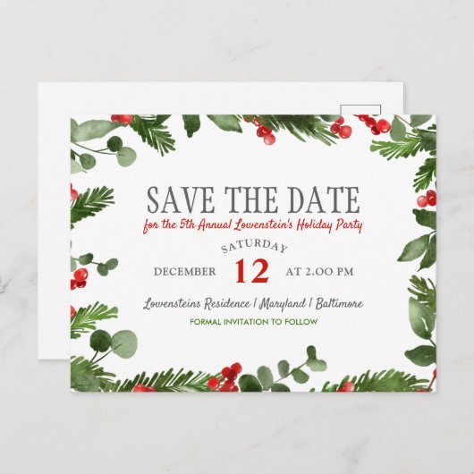 Carte Postale Faire-part Holly Feuille Modern Holiday Party Enregistrer la (Devant / Derrière)