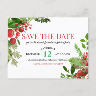 Carte Postale Faire-part Holly Red Berry Holiday Party Enregistrer la date