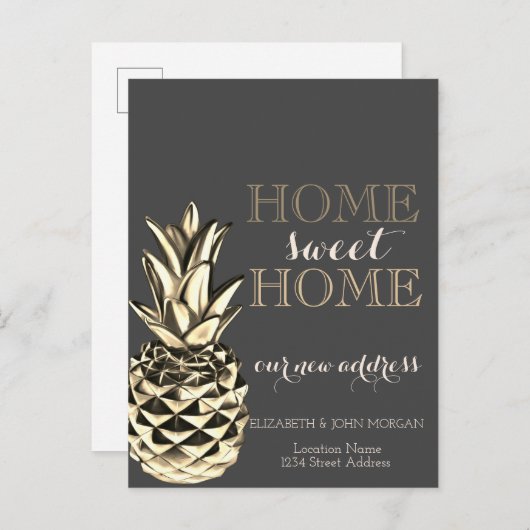 Carte Postale Faire-part Home Sweet Home, Ananas Métallique Or (Devant / Derrière)