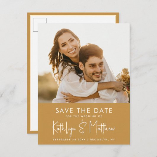 Carte Postale Faire-part Honey Gold Fun Script Mariage Photo Moderne Enregi (Devant / Derrière)