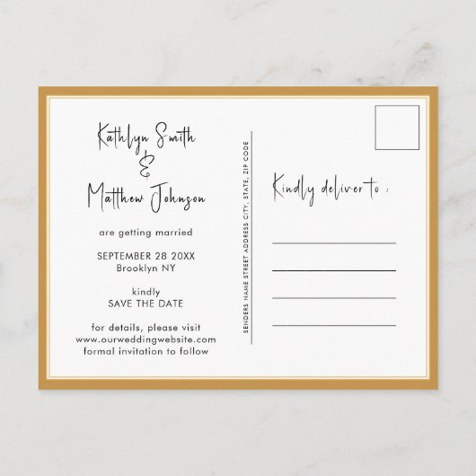 Carte Postale Faire-part Honey Gold Fun Script Mariage Photo Moderne Enregi (Dos)