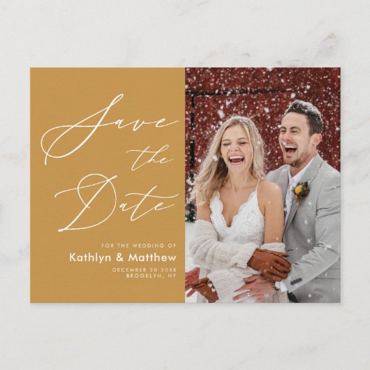 Carte Postale Faire-part Honey Gold Modern Script Mariage Enregistrer La Da (Devant)