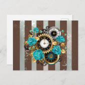 Carte Postale Faire-part Horloge Steampunk et roses turquoise sur fond rayé (Devant / Derrière)
