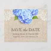Carte Postale Faire-part Hydrangea Bleu Rustique Dentelle & Toile Save the  (Devant)