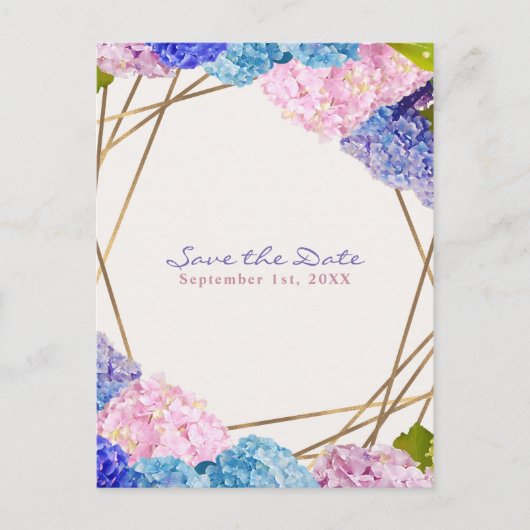 Carte Postale Faire-part Hydrangea Flowers & Gold Spring Enregistrer la dat (Devant)