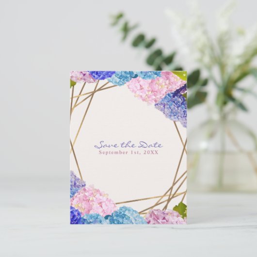 Carte Postale Faire-part Hydrangea Flowers & Gold Spring Enregistrer la dat (Debout devant)