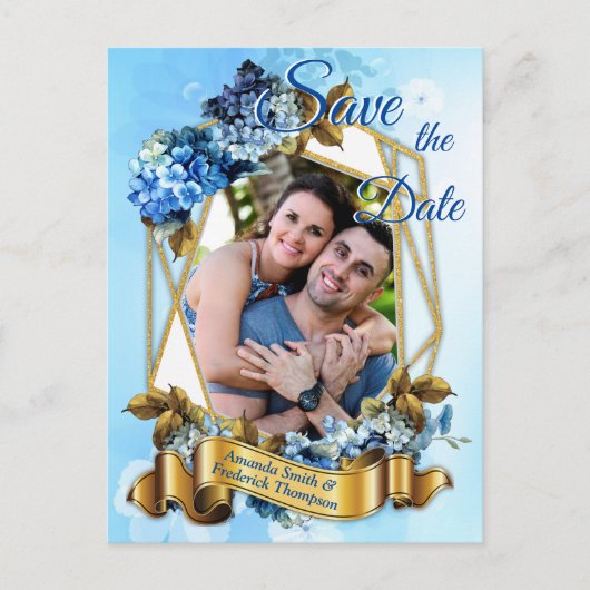 Carte Postale Faire-part Hydrangeas aquarelles nuances de bleu Enregistrez (Devant)