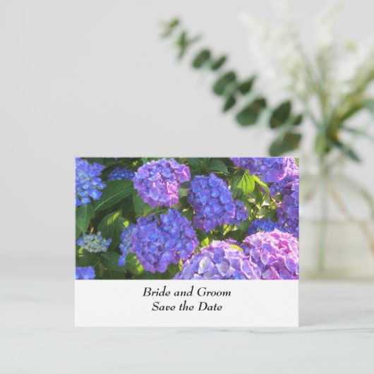 Carte Postale Faire-part Hydrangeas de mariage bleus et violets (Debout devant)