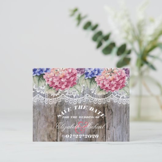 Carte Postale Faire-part Hydrangeas Dentelle & Bois de Grange Mariage Enreg (Debout devant)