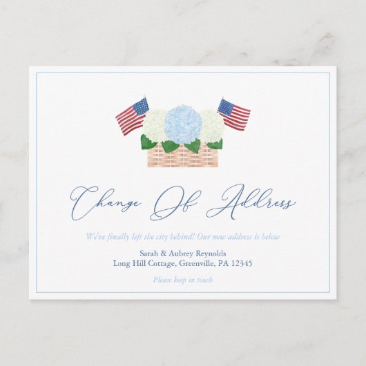Carte Postale Faire-part Hydrangeas d'été USA Drapeaux Changement d'adresse (Devant)