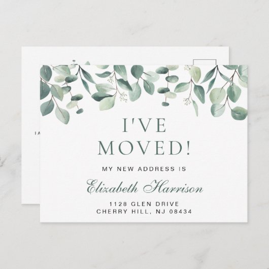 Carte Postale Faire-part I Moved Eucalyptus Verdure Aquarelle Moving (Devant / Derrière)