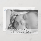 Carte Postale Faire-part Il est là.  Annonce de naissance de bébé garçon (Devant / Derrière)