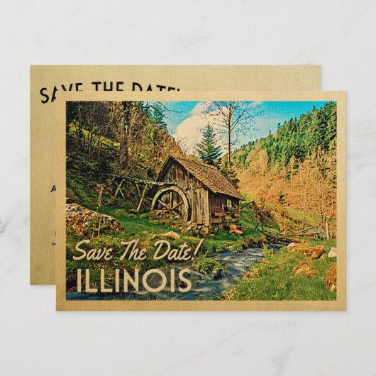 Carte Postale Faire-part Illinois Enregistrez La Date Cabane Rustique Mill  (Devant / Derrière)