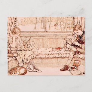 Carte Postale Faire-part Illustration cosy d'enfants lisant de style vintag